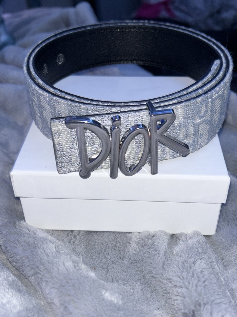Dior Men’s Gray Monogram Strap Belt with Silver Dior Logo Buckle